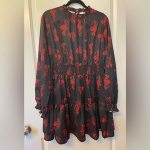 Floerns XL Black and Red Floral Tiered Smocked Dress